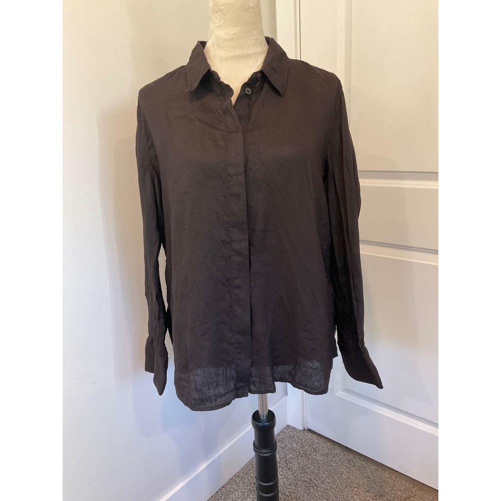 Zara 100% Linen Button Down Shirt Lagenlook Quiet Luxury Brown Large Minimalist